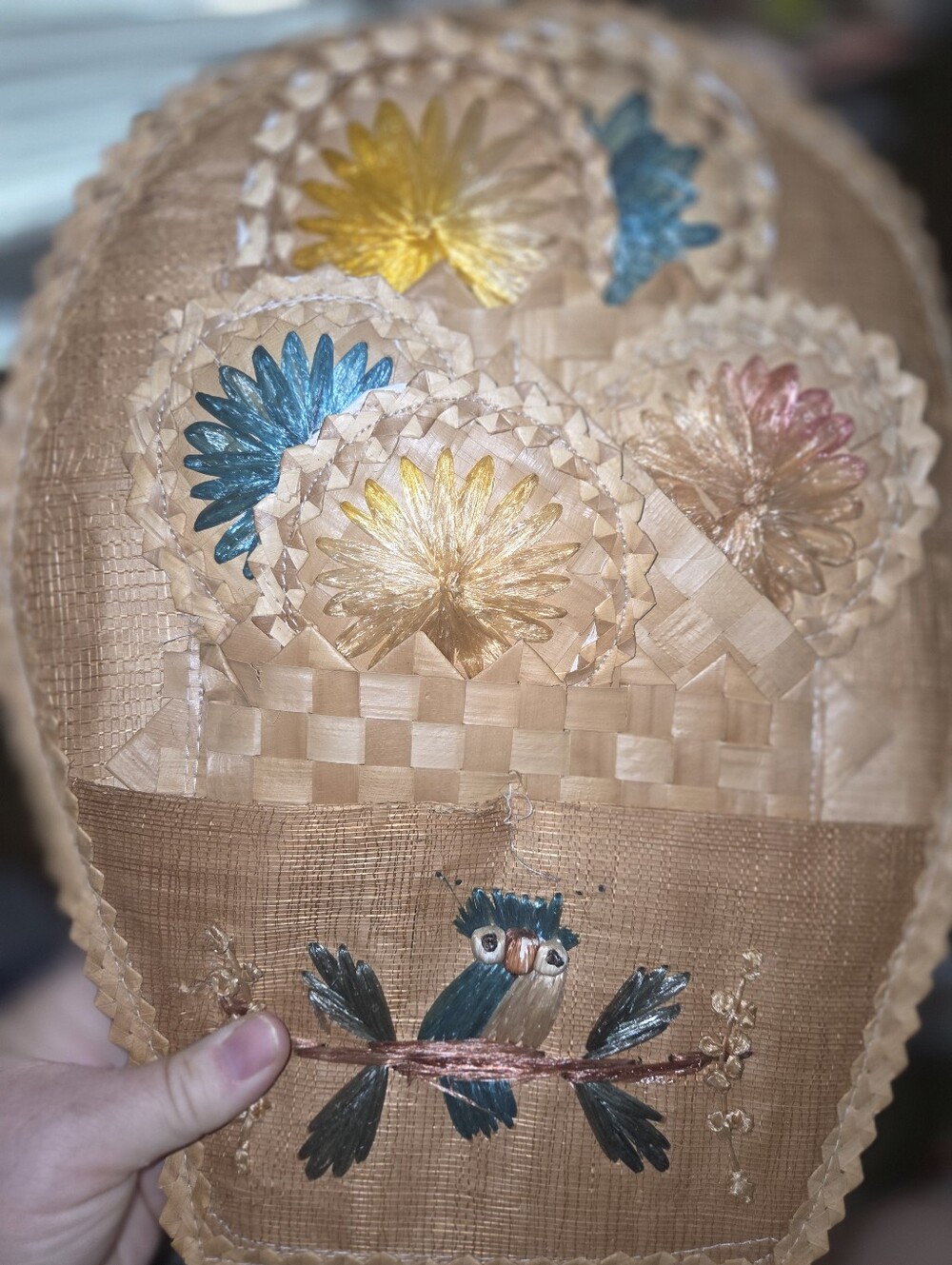 Woven Raffia Straw Owl Wall Pocket Floral Boho Folk Art Hanging Organizer